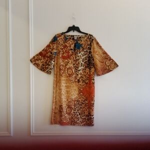 Chico's Mixed Animal & Baroque Print Dress in Brown, Blue & Cream NWT